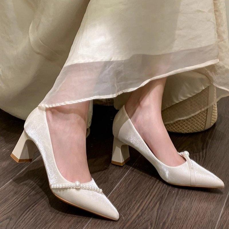 Slip Dress Satin - Elegant Pearl Embellished Pointed Toe Block